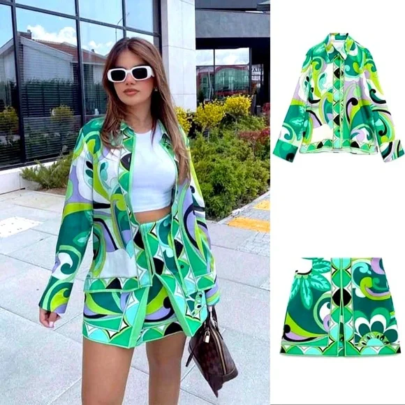Zara Co-ord Set Green Print (S/M) - Picture 2 of 9